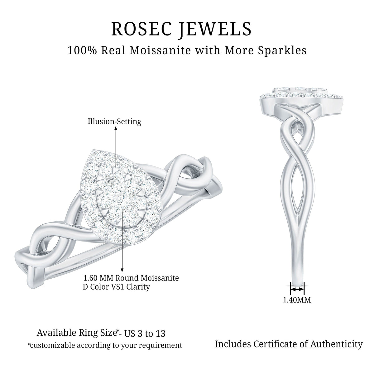 Round moissanite crossover halo engagement ring from Rosec Jewels with a distinctive illusion set design and elegant band.