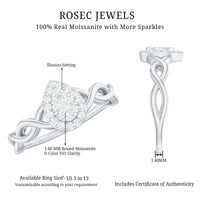 Round moissanite crossover halo engagement ring from Rosec Jewels with a distinctive illusion set design and elegant band.