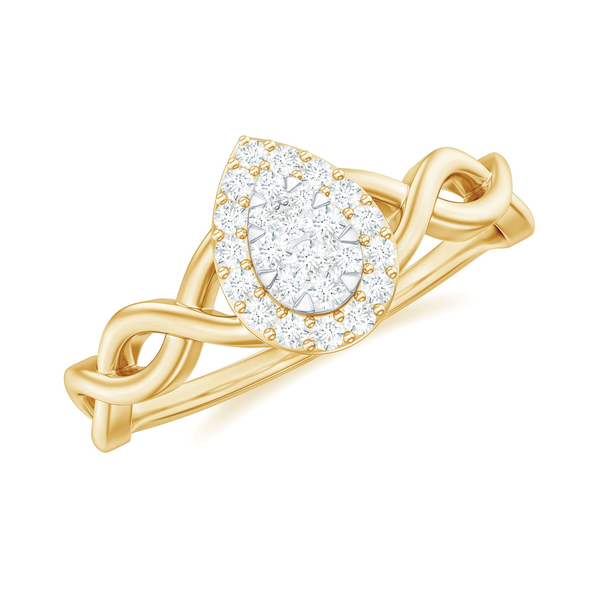 Round moissanite crossover halo engagement ring from Rosec Jewels with intricate design and sparkling stones on a white background.