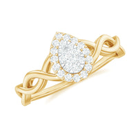 Round moissanite crossover halo engagement ring from Rosec Jewels with intricate design and sparkling stones on a white background.