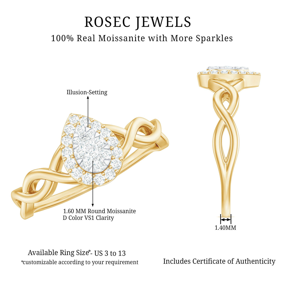Round moissanite crossover halo engagement ring from Rosec Jewels featuring an illusion set design and elegant halo detailing.
