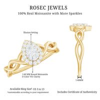Round moissanite crossover halo engagement ring from Rosec Jewels featuring an illusion set design and elegant halo detailing.