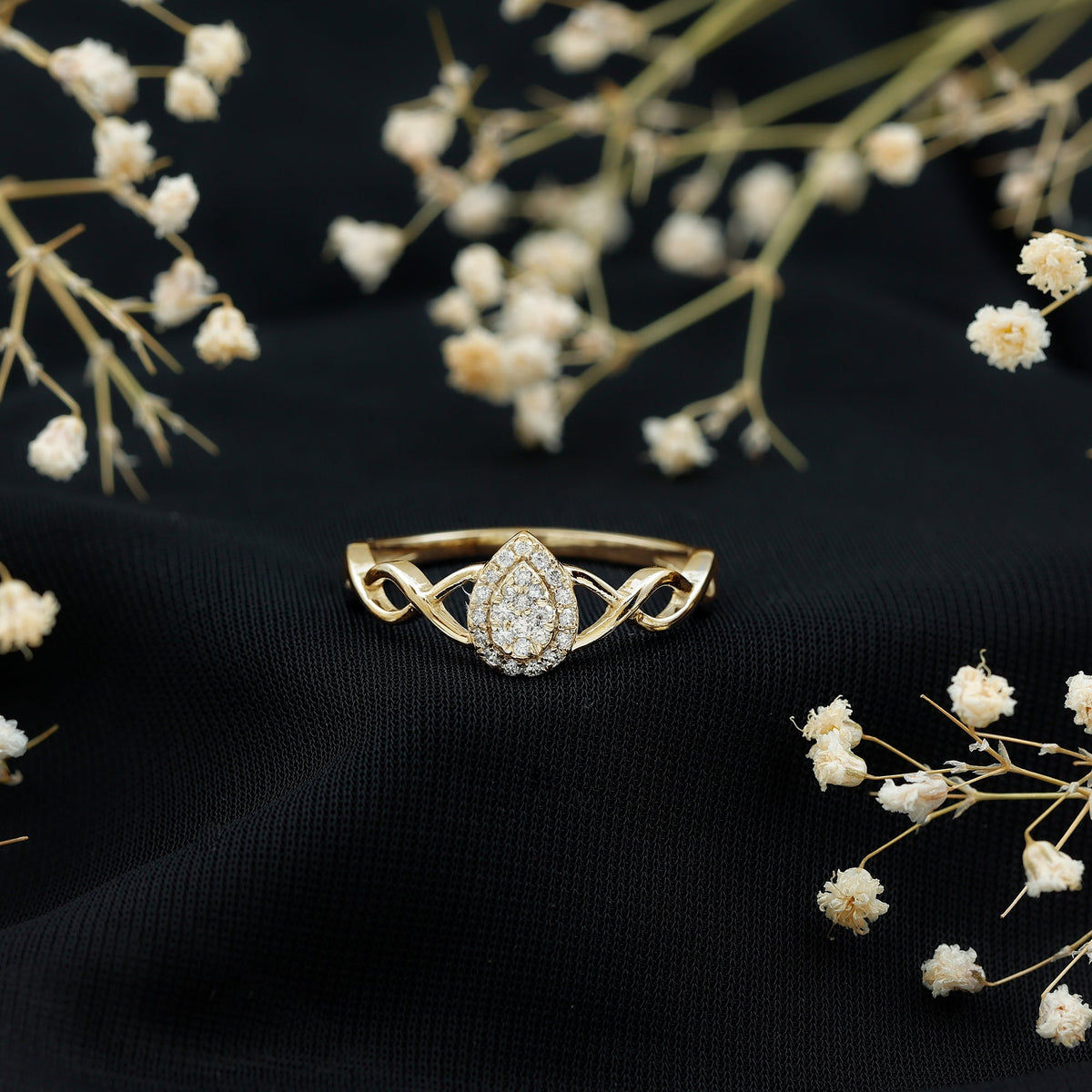 Round moissanite crossover halo engagement ring from Rosec Jewels with illusion set design and sparkling gemstone accents.