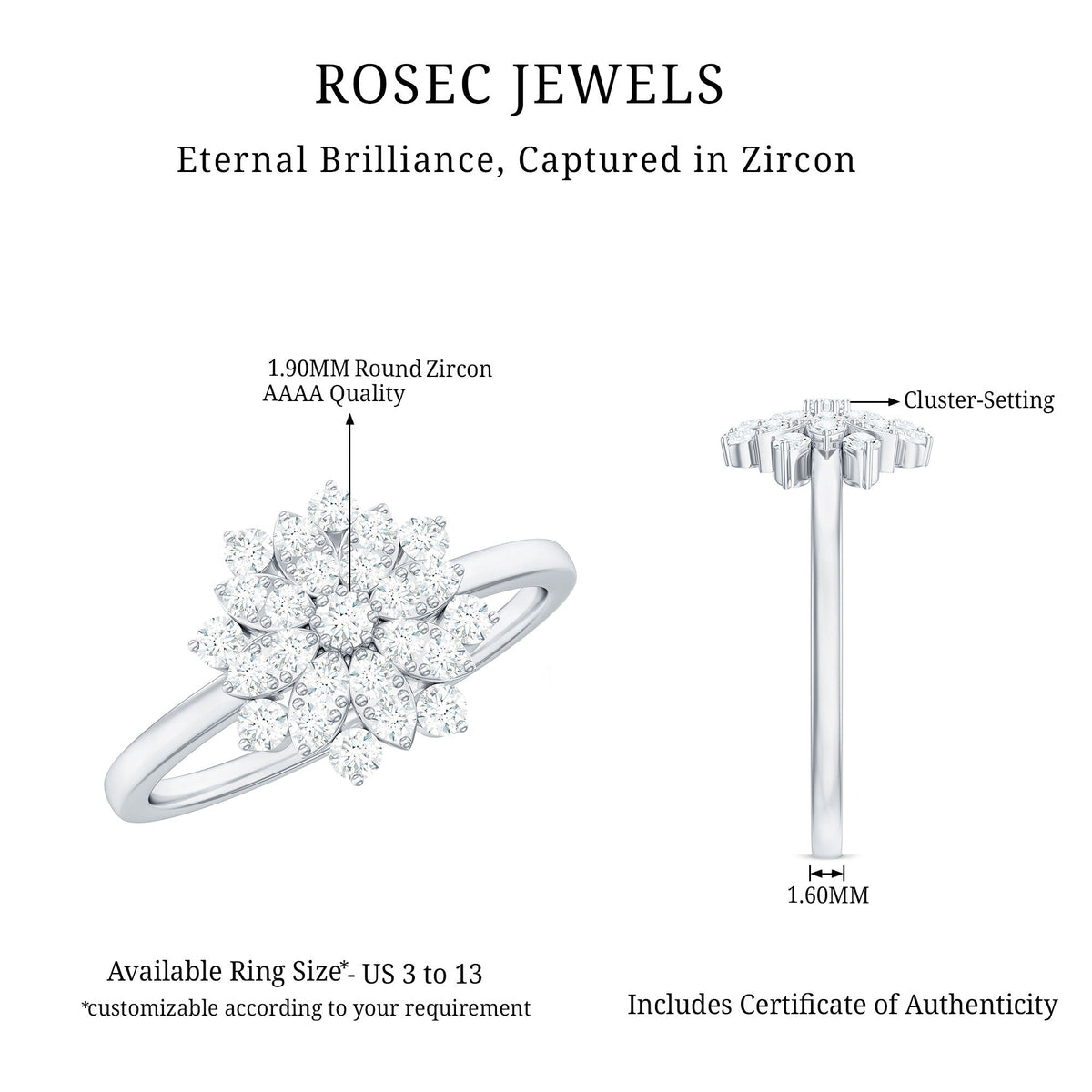 Rosec Jewels cubic zirconia flower cluster engagement ring with sparkling floral design and silver band.