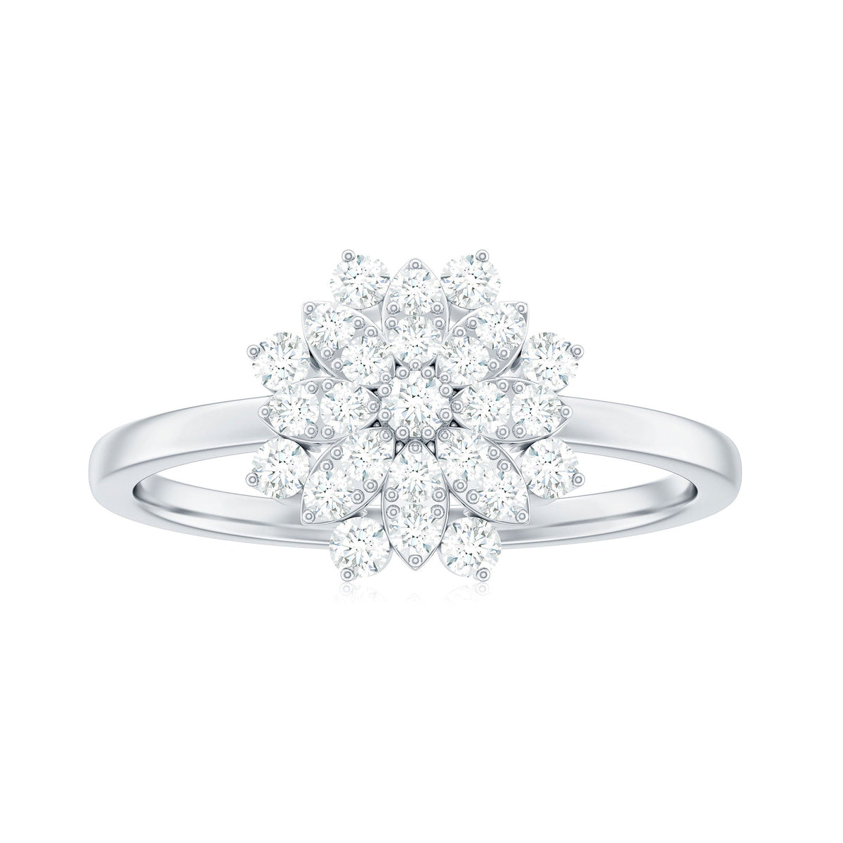 Certified Cubic Zirconia Flower Cluster Engagement Ring by Rosec Jewels featuring a sparkling floral design in silver-tone metal.