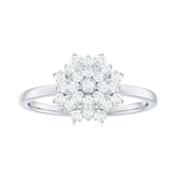 Certified Cubic Zirconia Flower Cluster Engagement Ring by Rosec Jewels featuring a sparkling floral design in silver-tone metal.