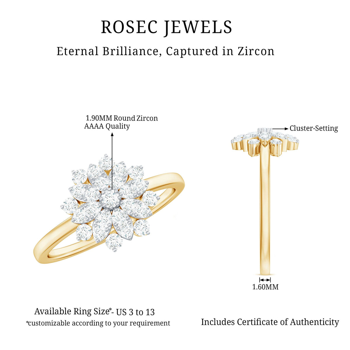 Certified Cubic Zirconia Flower Cluster Engagement Ring by Rosec Jewels, detailed close-up showcasing the intricate floral design.