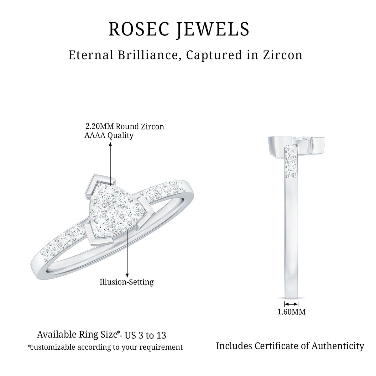 Rosec Jewels 1/2 CT round cubic zirconia triangular engagement ring with sparkling stones and intricate band design.