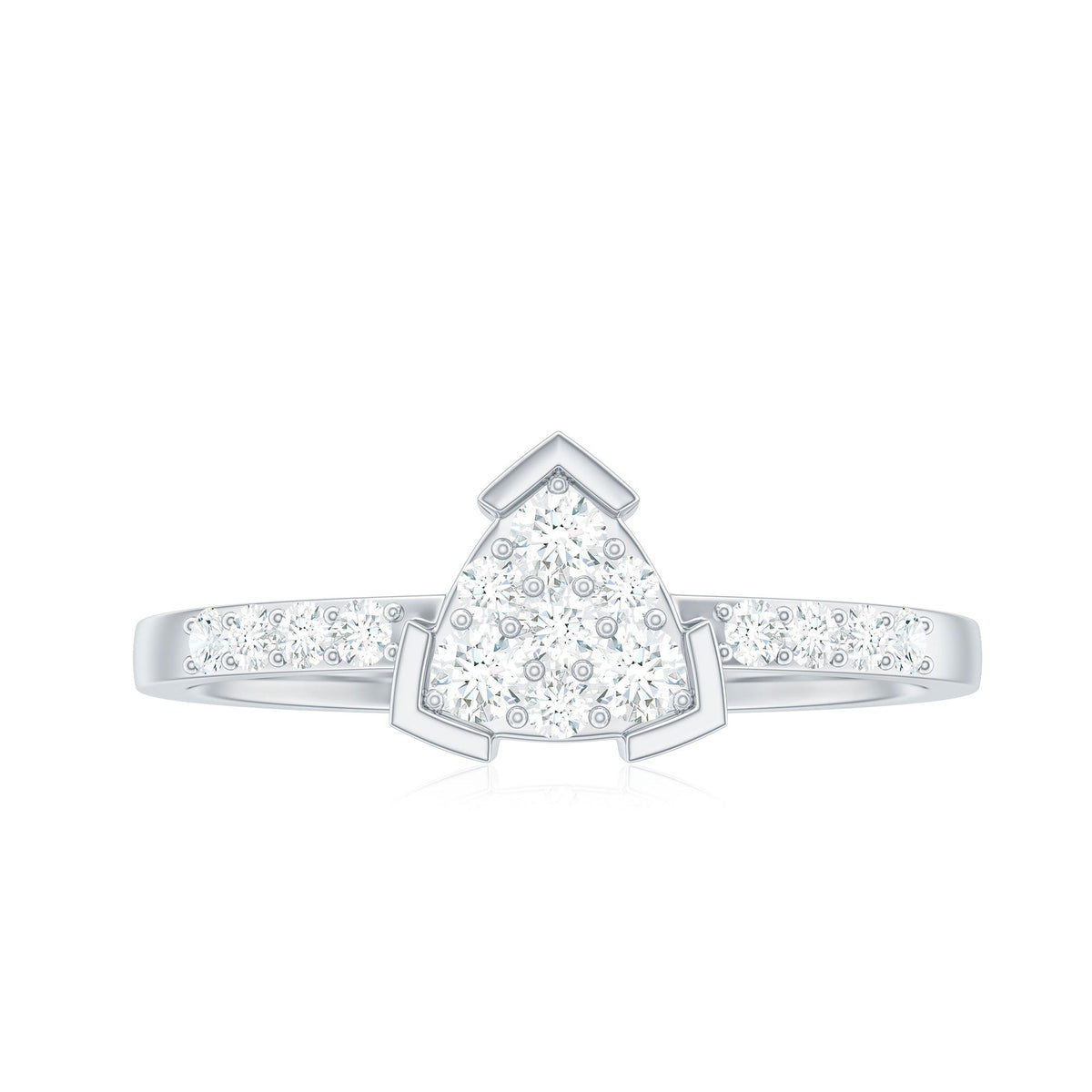 Rosec Jewels 1/2 CT round cubic zirconia triangular engagement ring with sparkling stones and intricate band design.