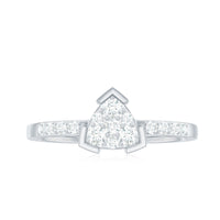 Rosec Jewels 1/2 CT round cubic zirconia triangular engagement ring with sparkling stones and intricate band design.
