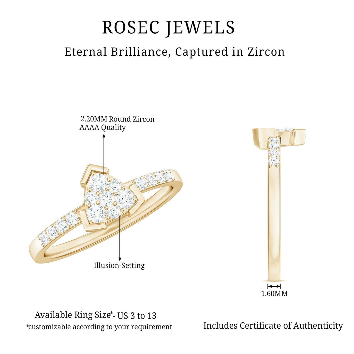 Rosec Jewels 1/2 CT round cubic zirconia triangular engagement ring with sparkling stones and elegant band detail.