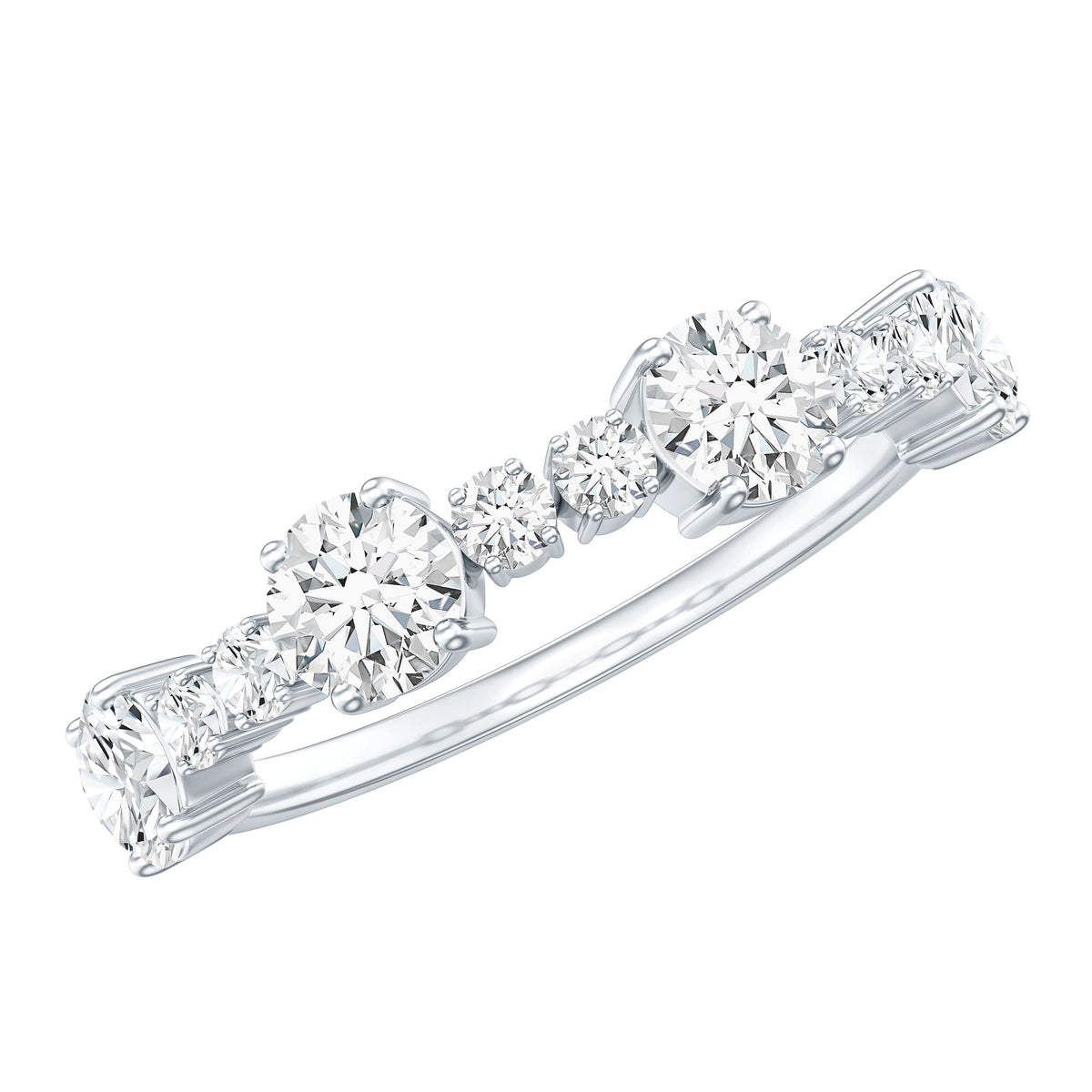 Round moissanite half eternity wedding band by Rosec Jewels featuring sparkling stones set in a sleek ring design.