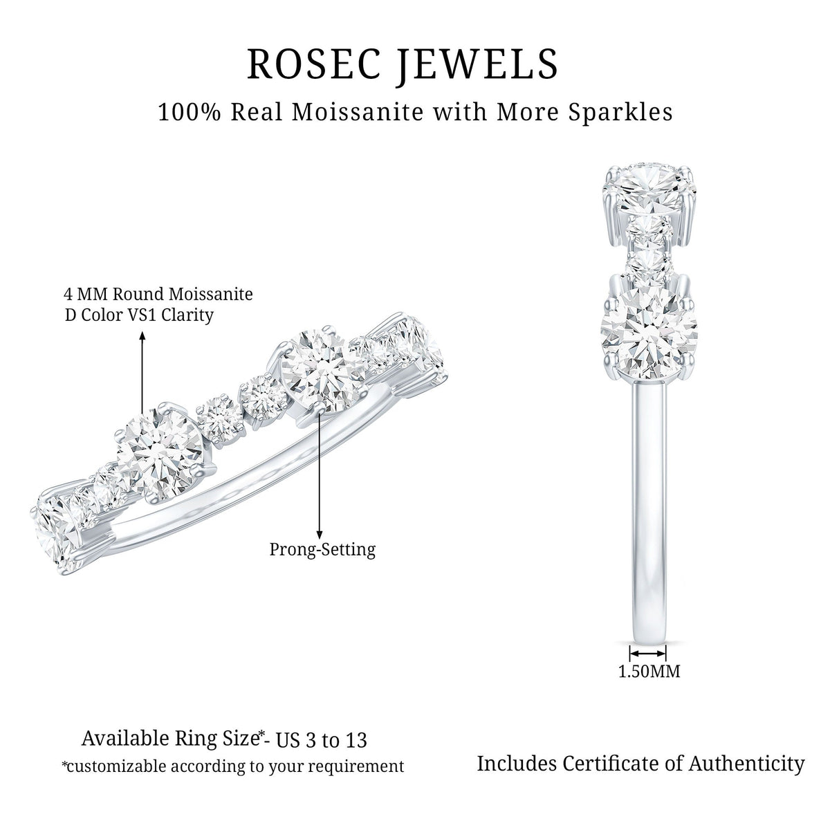 Round Moissanite Half Eternity Wedding Band ring by Rosec Jewels with sparkling gemstones and a sleek, elegant design.