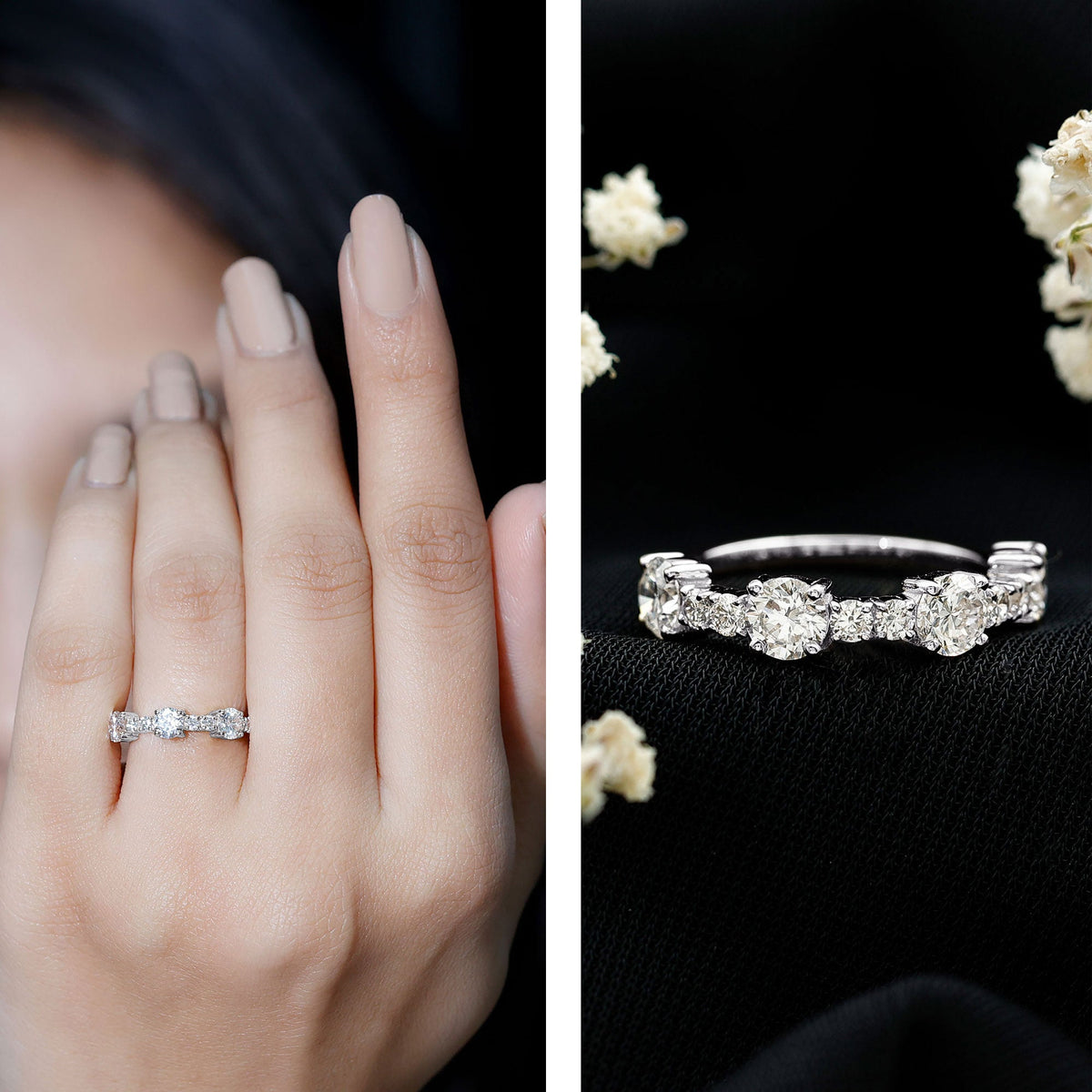 Round moissanite half eternity wedding band by Rosec Jewels, showcasing a sleek silver ring with sparkling stones.