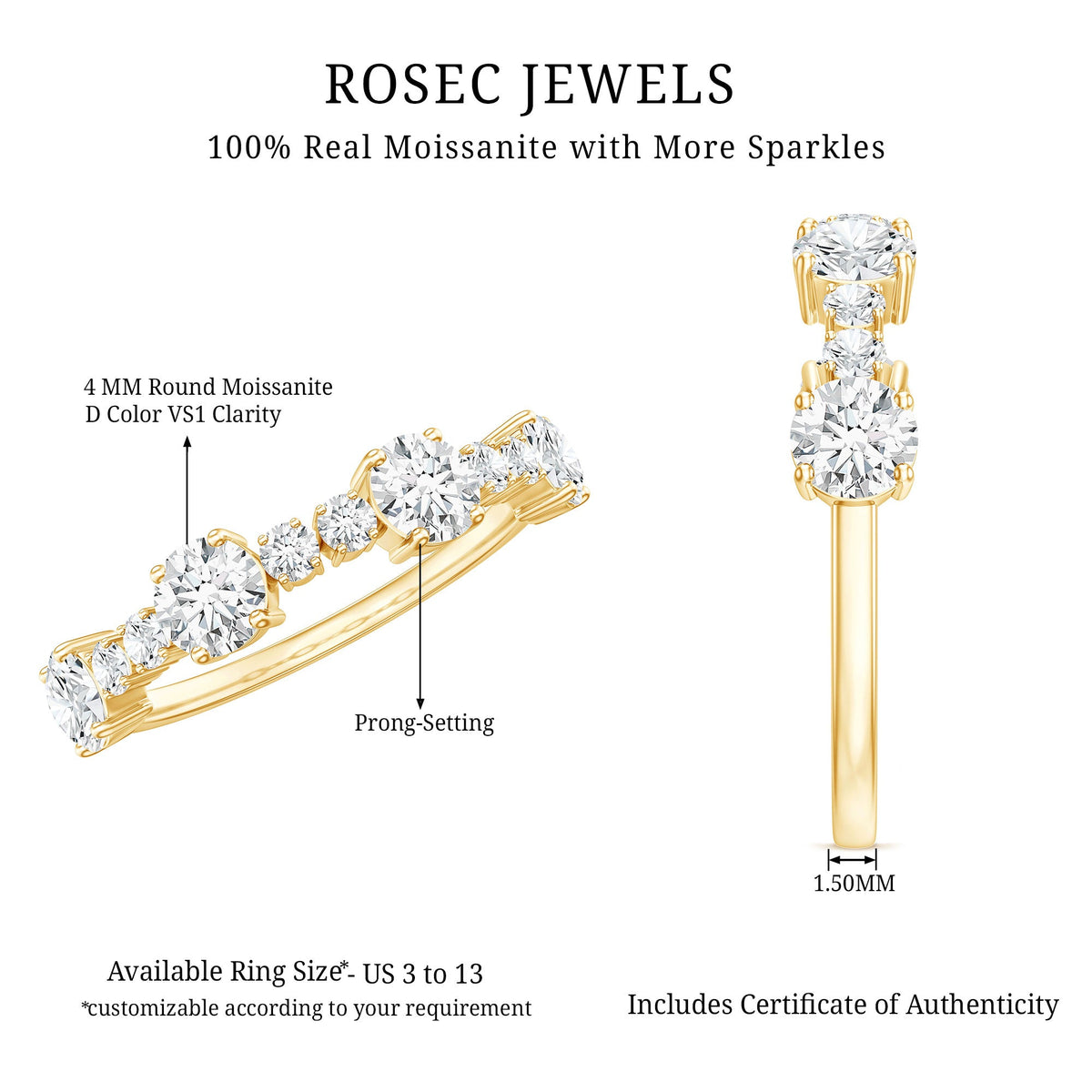 Round moissanite half eternity wedding band by Rosec Jewels featuring sparkling stones set in a sleek metal band.