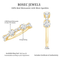 Round moissanite half eternity wedding band by Rosec Jewels featuring sparkling stones set in a sleek metal band.