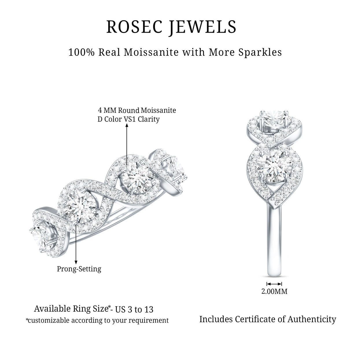 Round moissanite infinity wedding band ring from Rosec Jewels featuring a continuous circle of sparkling stones on a sleek band.
