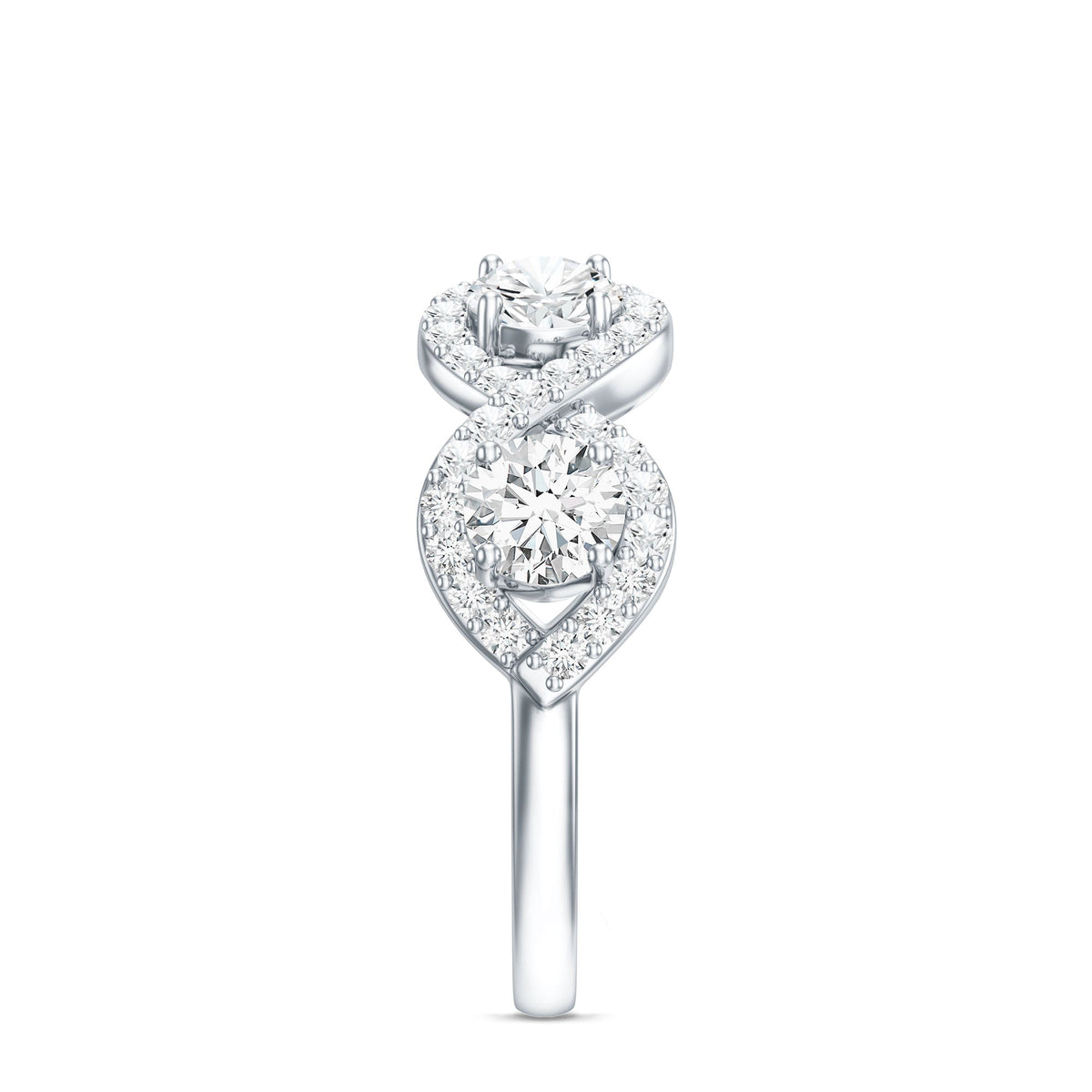 Round moissanite infinity wedding band ring by Rosec Jewels, showcasing the sparkling ring with infinity design and round moissanite stones.
