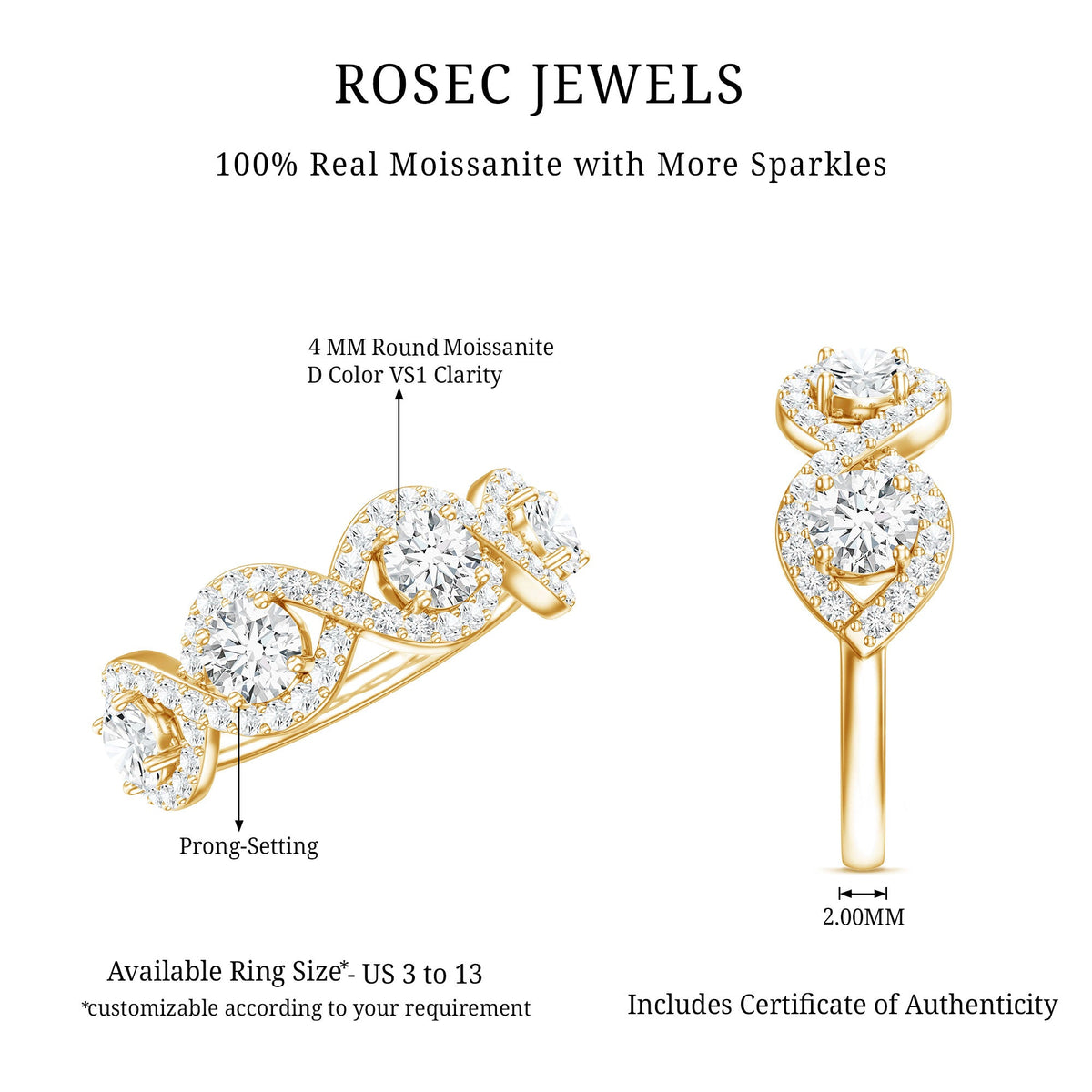 Round moissanite infinity wedding band ring by Rosec Jewels featuring a sleek, polished silver finish with sparkling moissanite stones.