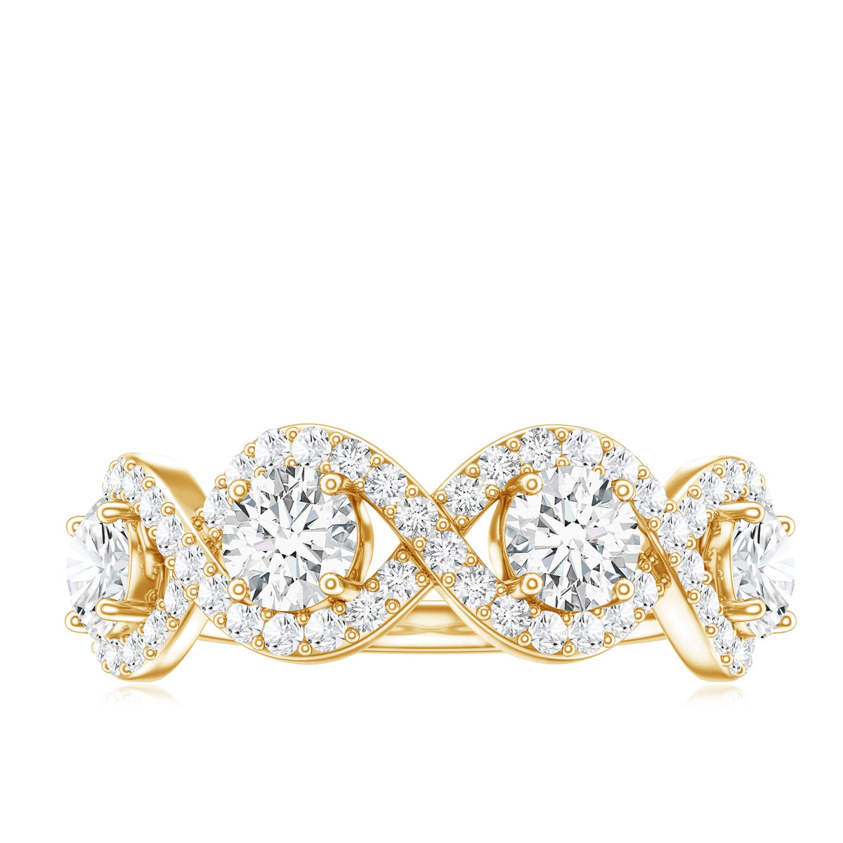 Rosec Jewels round moissanite infinity wedding band ring with sparkling stones and smooth, polished finish.
