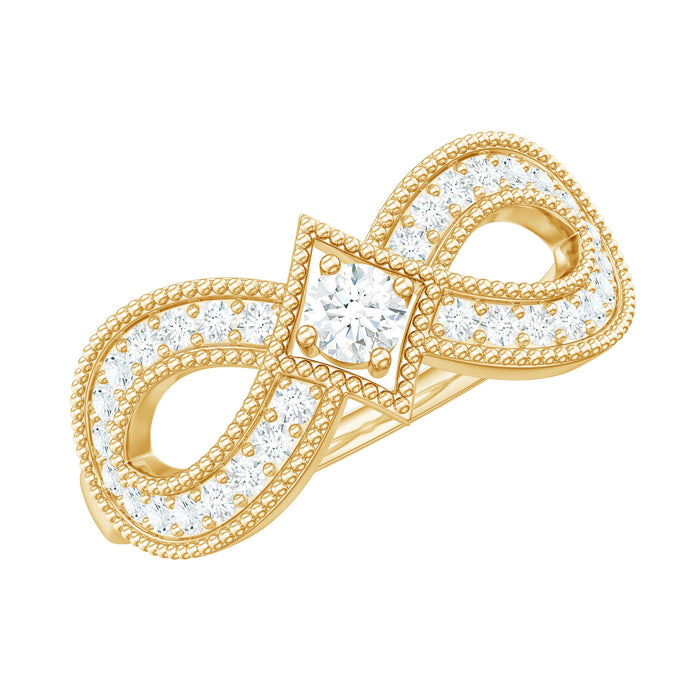 Vintage-inspired moissanite infinity engagement ring by Rosec Jewels featuring a sparkling band and intricate design.