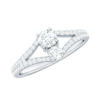 Rosec Jewels 3/4 CT Zircon two-stone engagement ring with split shank, featuring sparkling zircon stones and intricate band design.