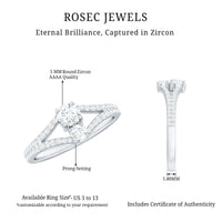 Rosec Jewels 3/4 CT zircon two-stone engagement ring with split shank design, featuring sparkling gemstones and intricate band details.