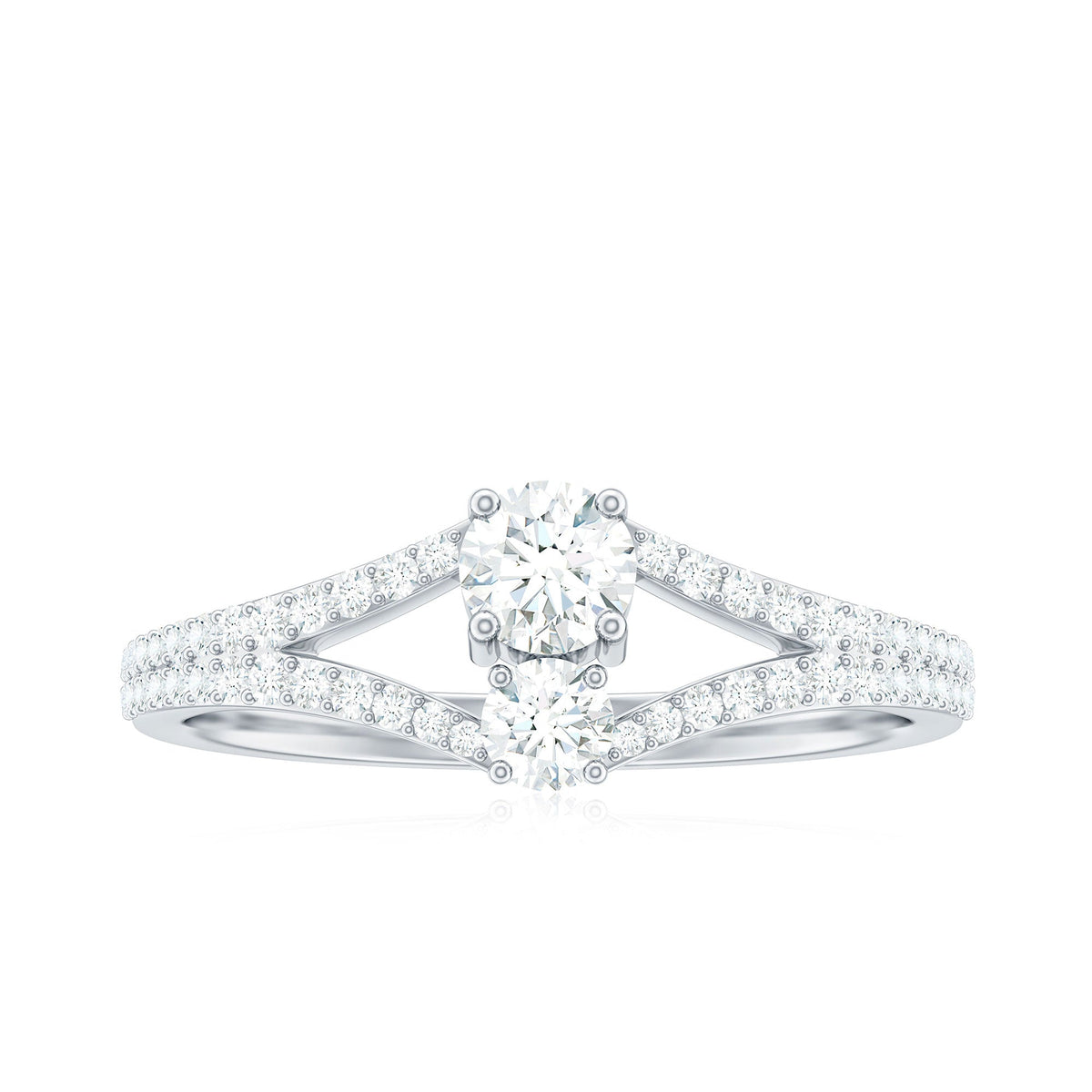 Rosec Jewels 3/4 CT Zircon two-stone engagement ring with split shank, showcasing sparkling zircon stones and elegant design.