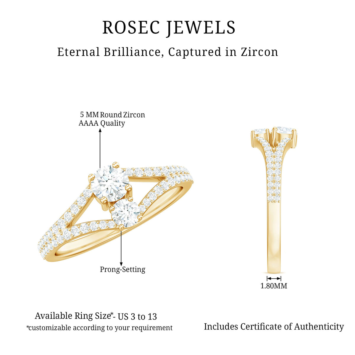 Rosec Jewels 3/4 CT zircon two-stone engagement ring with split shank, showcasing sparkling stones and elegant design.