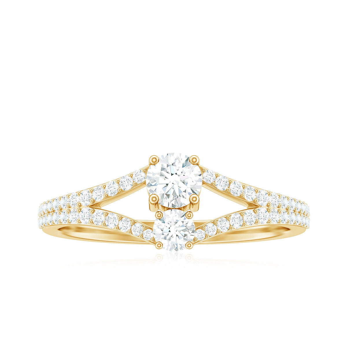 Rosec Jewels 3/4 CT zircon two-stone engagement ring with split shank design, featuring sparkling stones and detailed band.