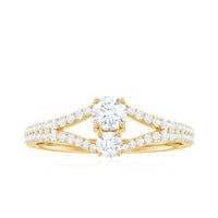 Rosec Jewels 3/4 CT zircon two-stone engagement ring with split shank design, featuring sparkling stones and detailed band.