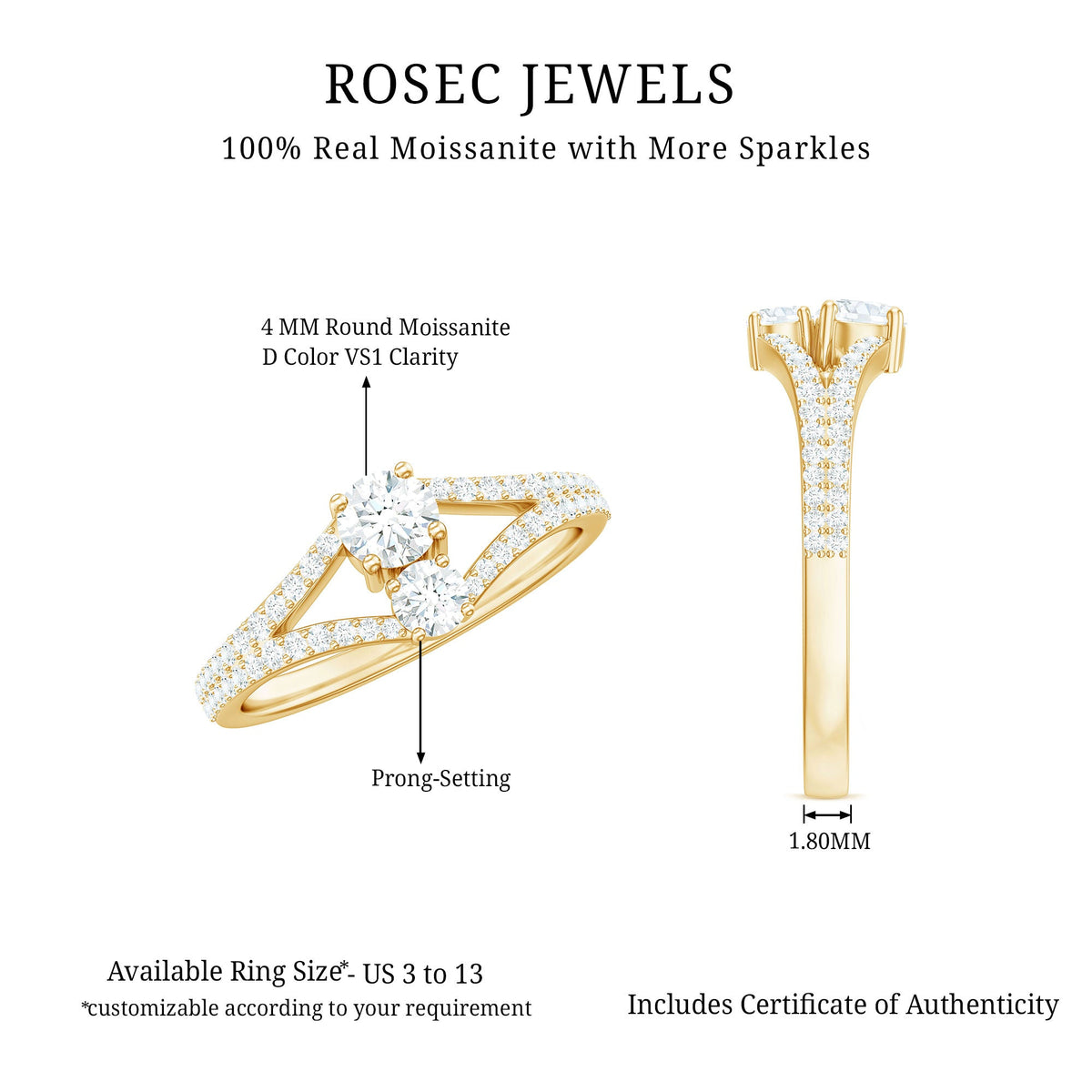 Moissanite Toi et Moi Engagement Ring with Split Shank