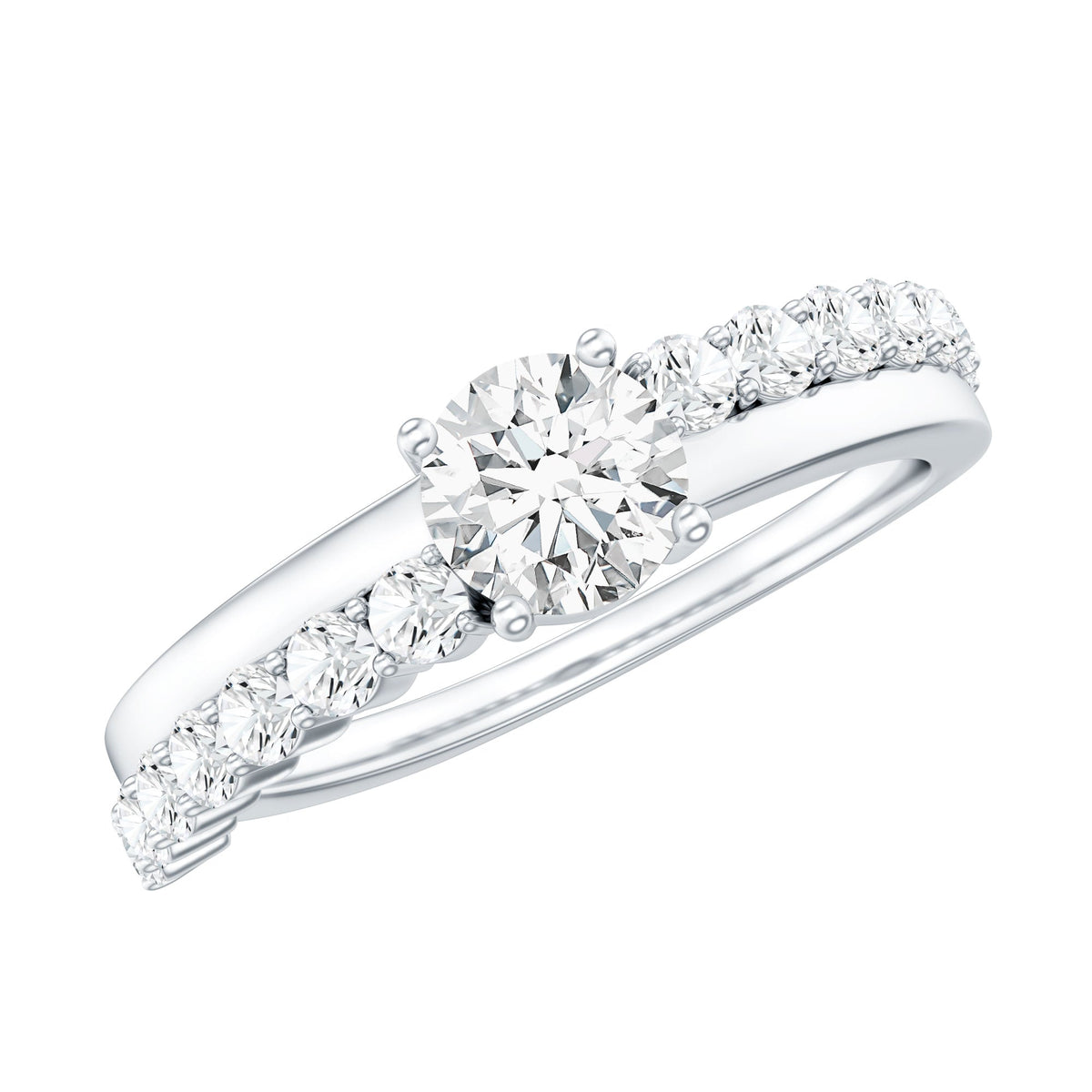 Round cut moissanite engagement ring with side stones, featuring a sparkling center stone and detailed band design.