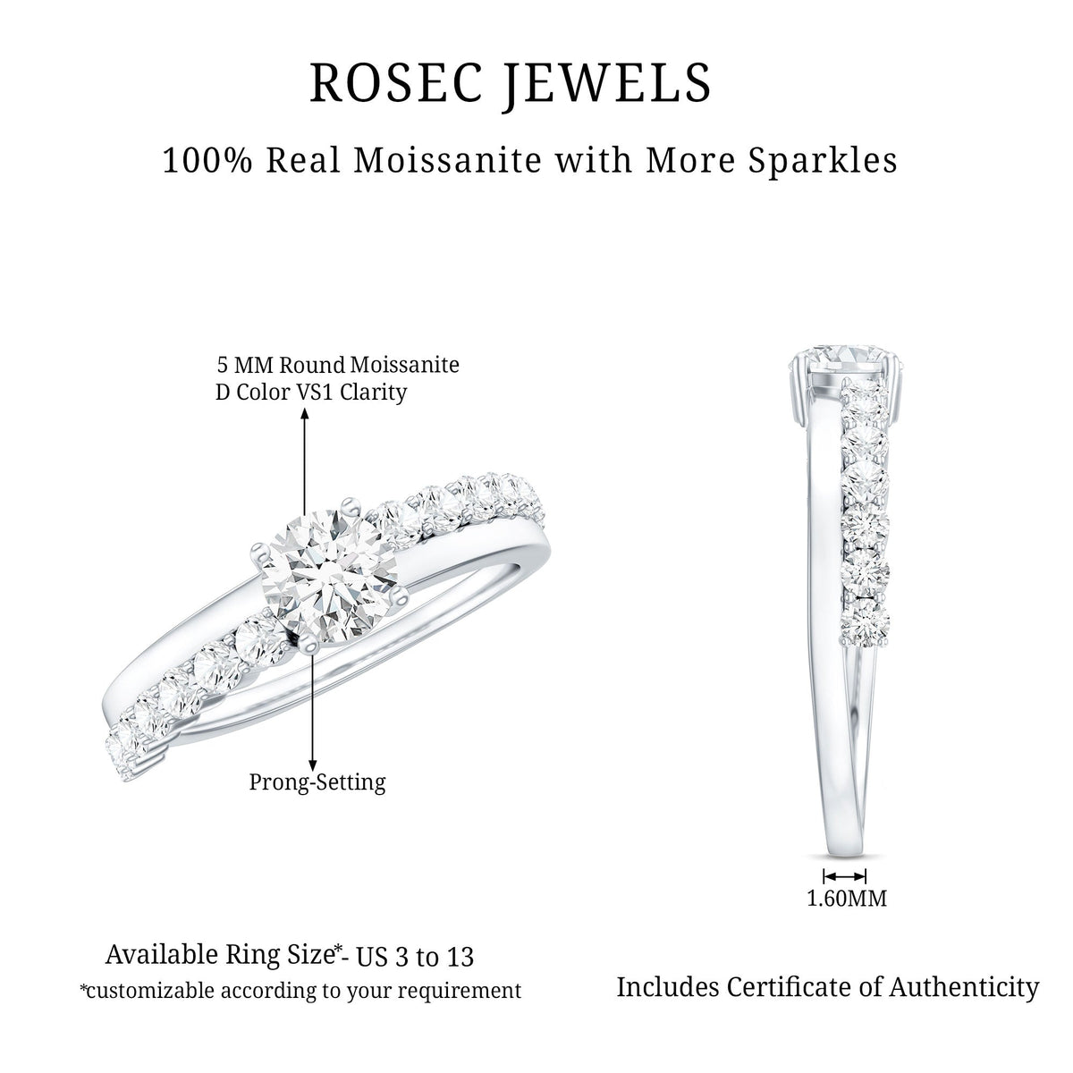 Round cut moissanite engagement ring with side stones from Rosec Jewels, featuring a sparkling center stone and elegant band.
