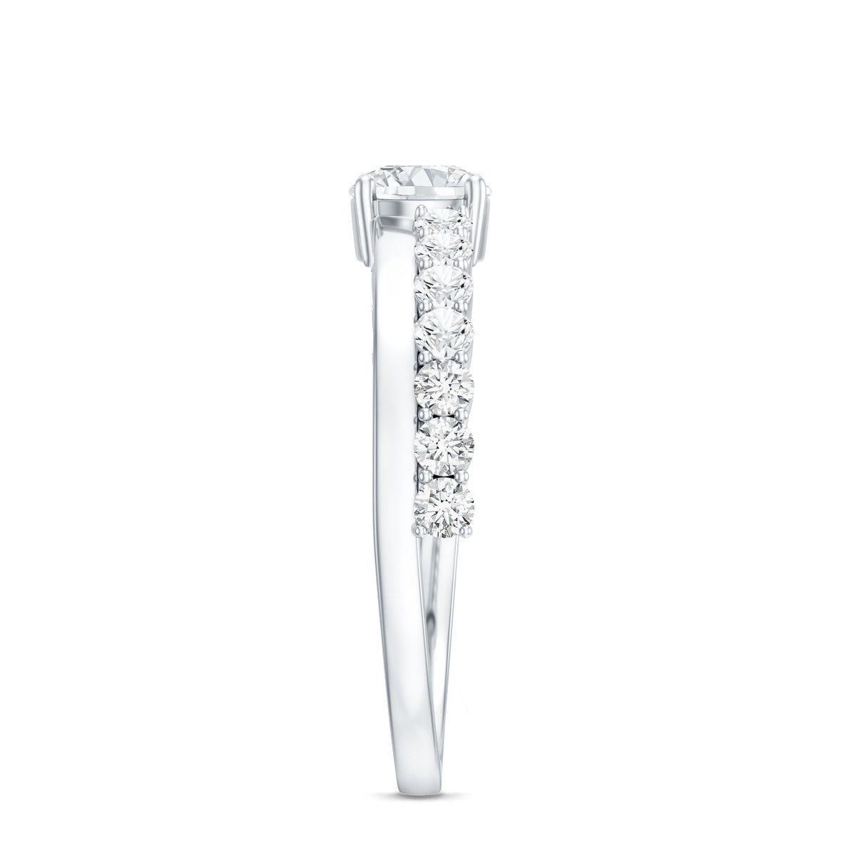 Round cut moissanite engagement ring with side stones from Rosec Jewels, showcasing a sparkling center and elegant band design.