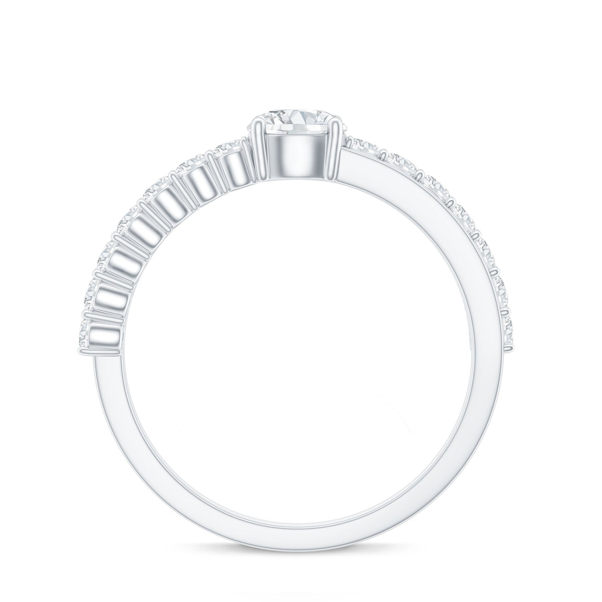 Round cut moissanite engagement ring with side stones from Rosec Jewels, featuring a detailed close-up of the sparkling ring design.