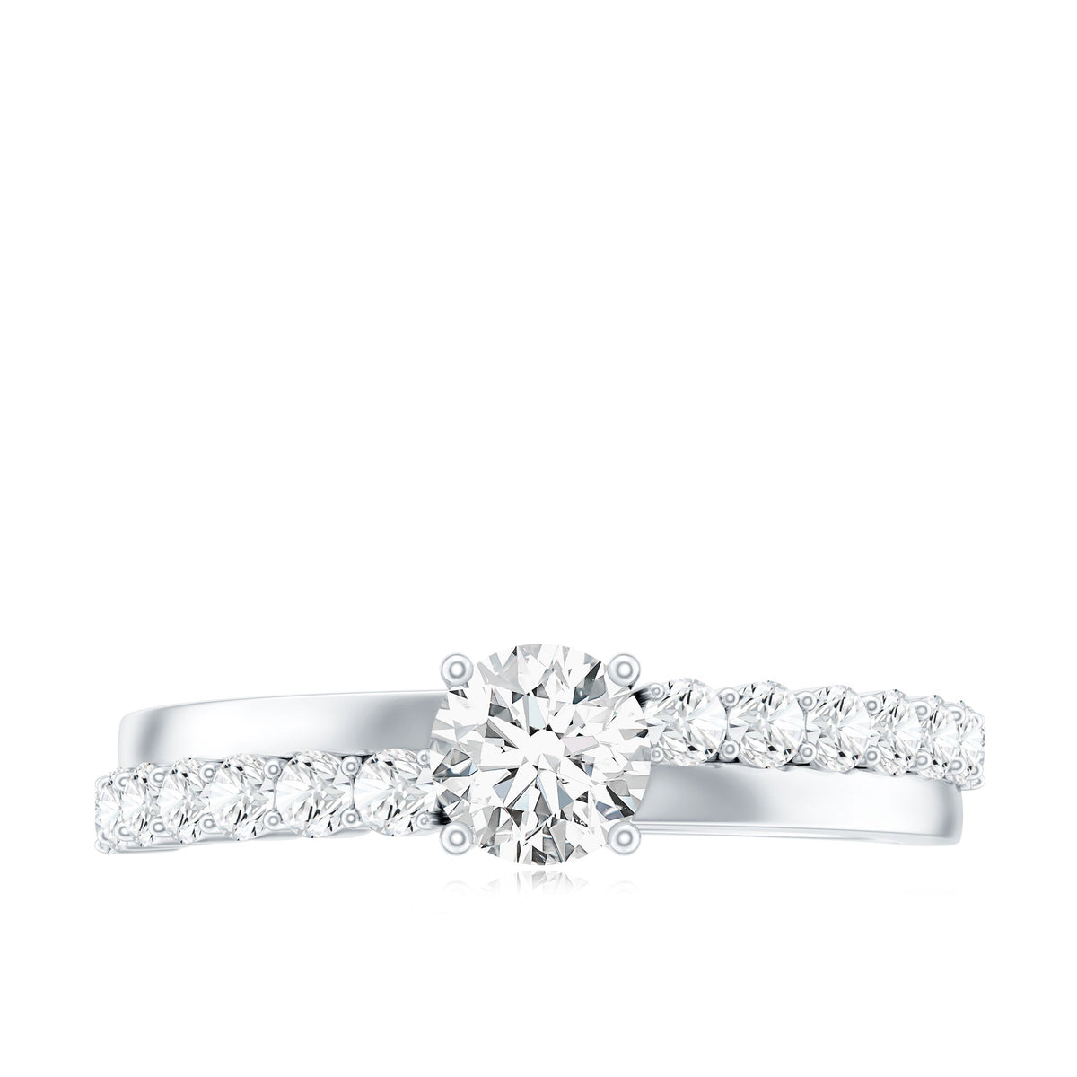 Round cut moissanite engagement ring with side stones, featuring a sparkling band and elegant design by Rosec Jewels.
