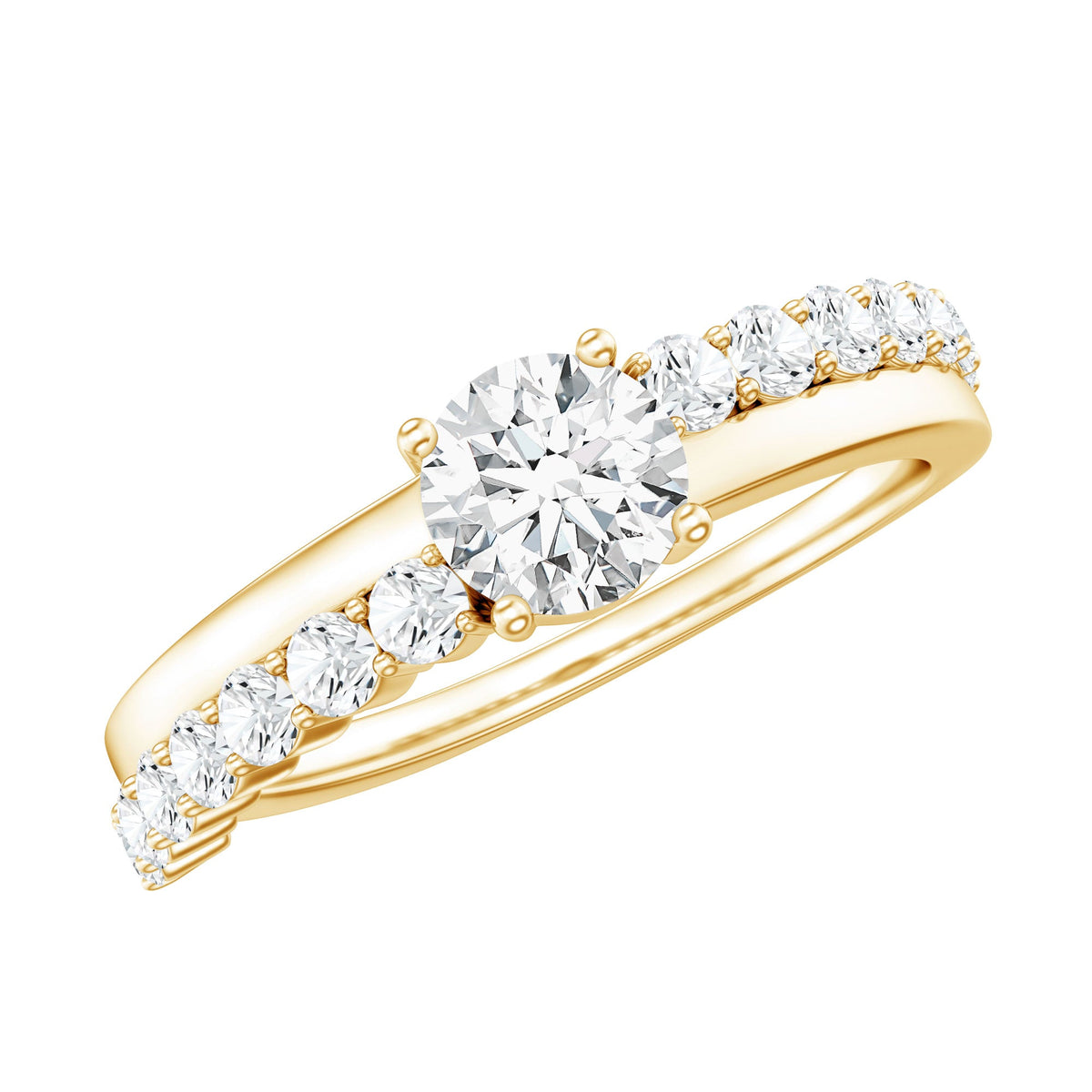 Round cut moissanite engagement ring with side stones, featuring a polished band and sparkling gemstone setting by Rosec Jewels.