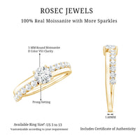 Round cut moissanite engagement ring with side stones from Rosec Jewels, featuring a detailed view of the sparkling ring.