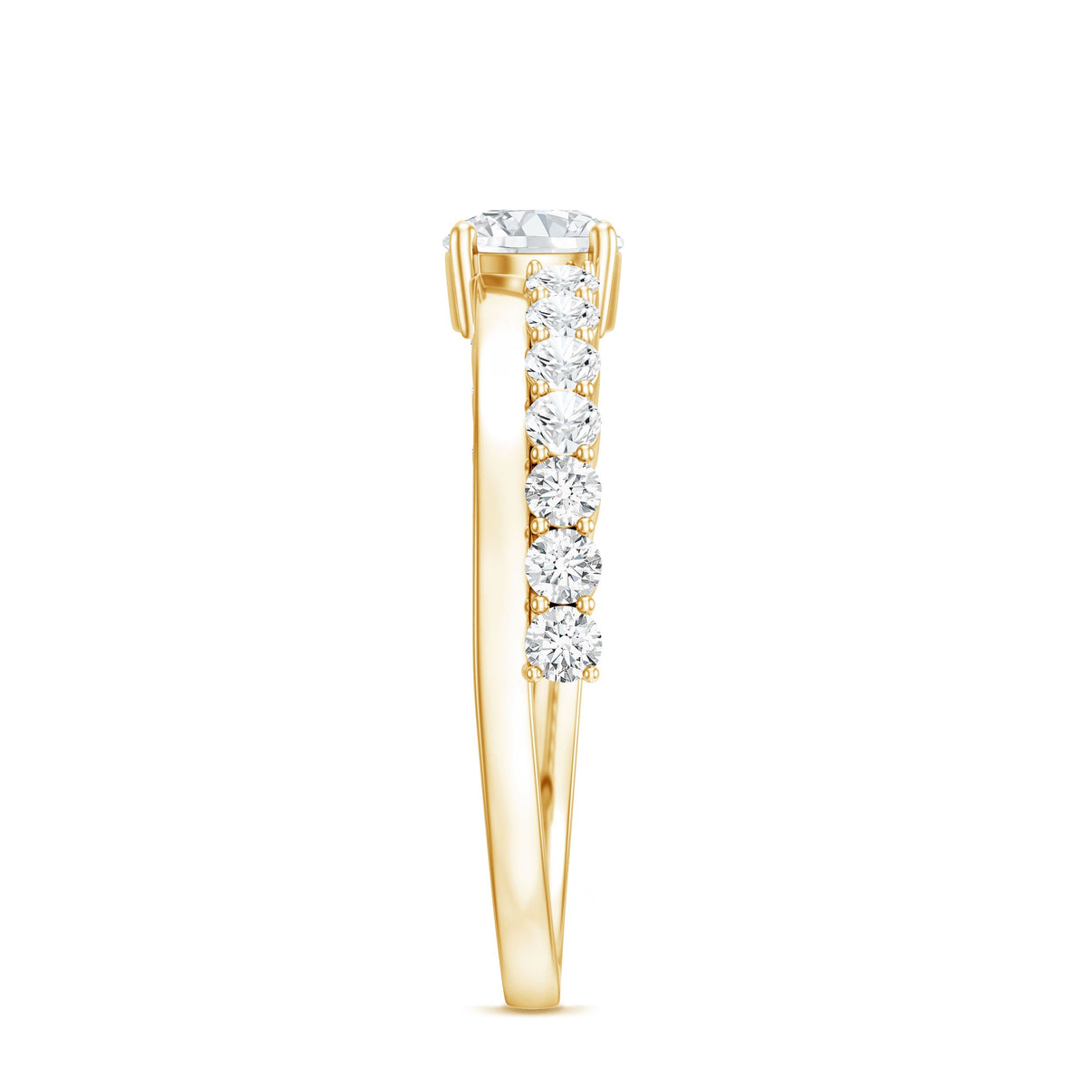 Round cut moissanite engagement ring with side stones from Rosec Jewels, featuring a sparkling central gemstone and elegant band design.