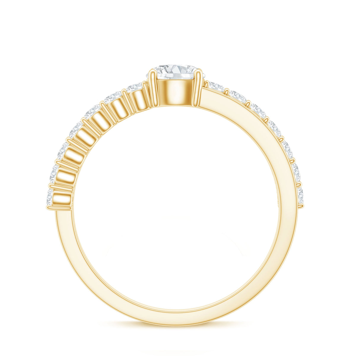 Round cut moissanite engagement ring with side stones by Rosec Jewels, showcasing a sparkling central gemstone and elegant band.