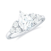 Rosec Jewels zircon teardrop engagement ring with cluster accents, showcasing sparkling teardrop-shaped zircon stones in a detailed ring setting.