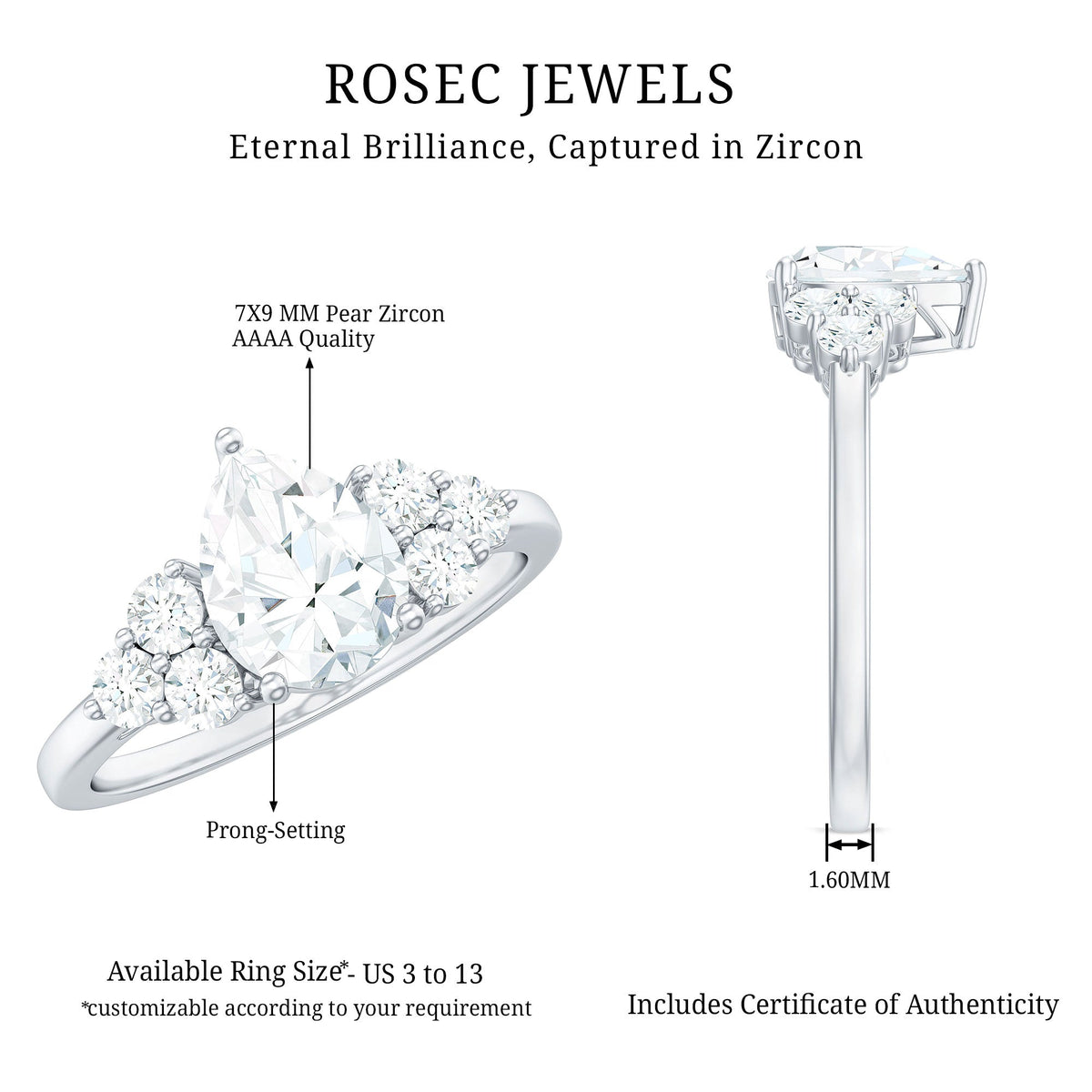 Rosec Jewels zircon teardrop engagement ring with cluster accents, featuring sparkling teardrop-shaped and cluster zircon details.