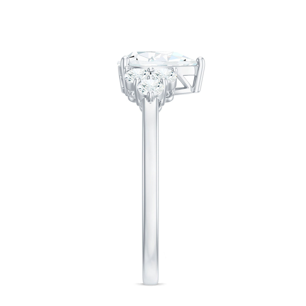 Rosec Jewels zircon teardrop engagement ring with cluster accent, featuring sparkling stones and intricate band details.