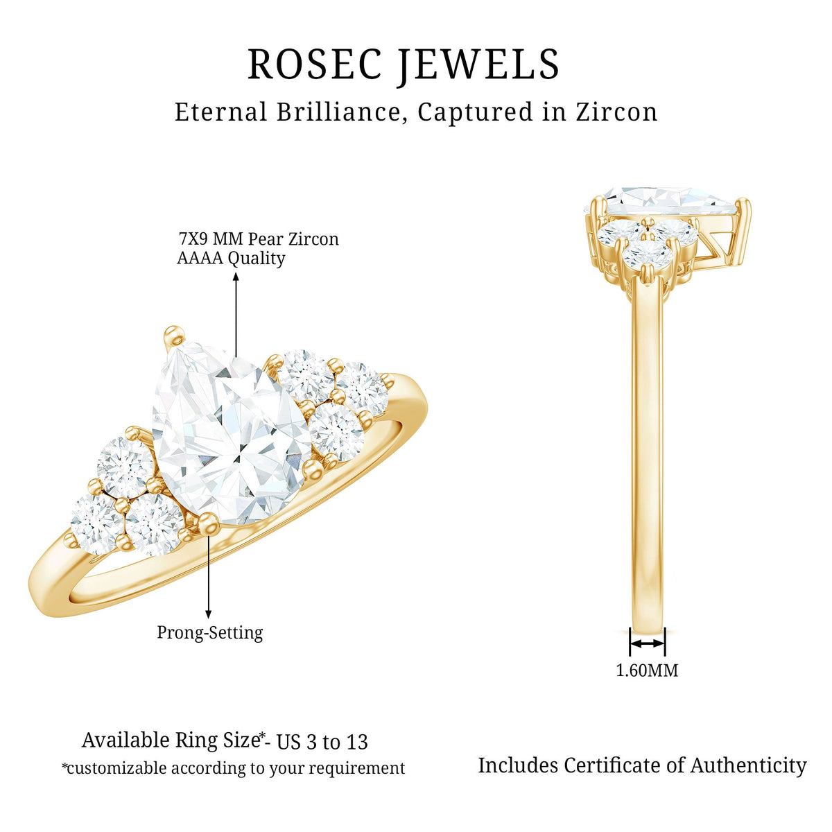 Rosec Jewels Zircon teardrop engagement ring with cluster accent, showcasing sparkling teardrop-shaped zircon stones on a silver band.