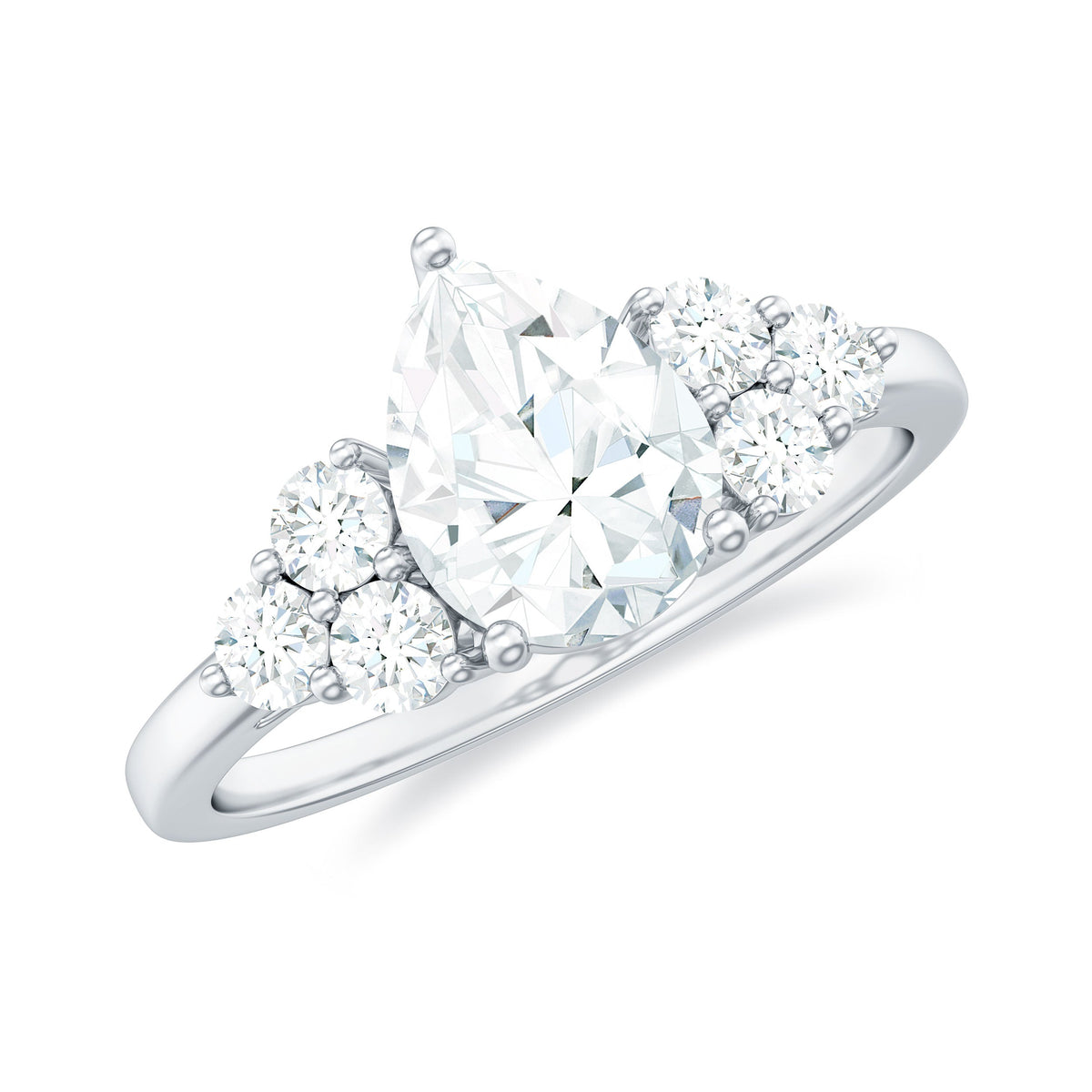 Certified 1.3 carat Moissanite pear-shaped engagement ring with trio stones from Rosec Jewels, set in elegant rings design.