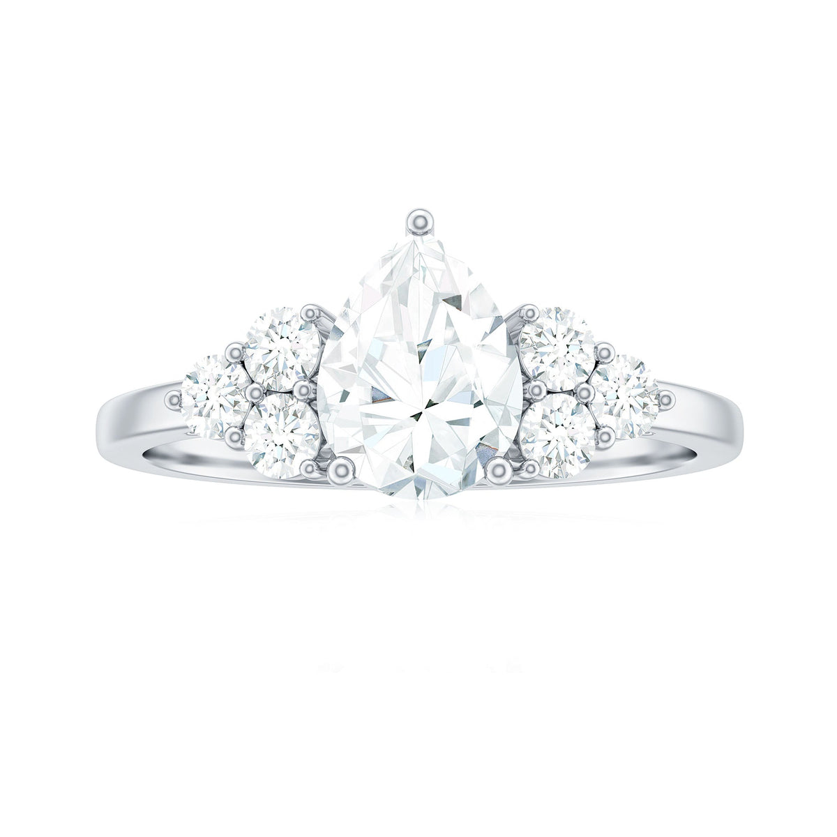 Certified 1.3 carat Moissanite pear-shaped engagement ring with trio gemstone accents, designed by Rosec Jewels.