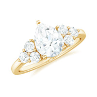 Certified 1.3 carat moissanite pear-shaped engagement ring with trio accents from Rosec Jewels, detailed close-up of the ring.
