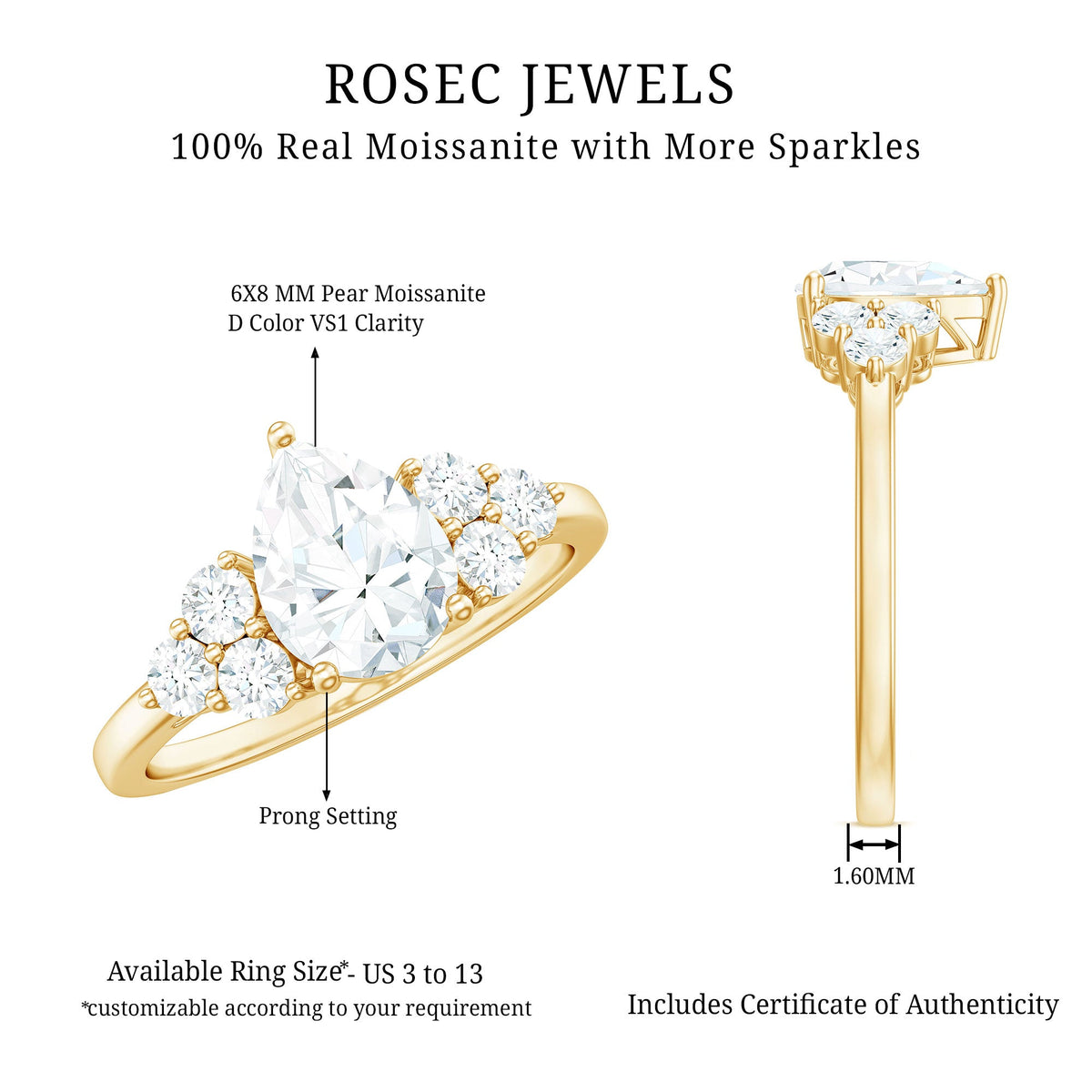 Certified 1.3 carat moissanite pear engagement ring with trio stones from Rosec Jewels, showcasing a sparkling pear-shaped center gemstone and band.