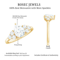 Certified 1.3 carat moissanite pear engagement ring with trio stones from Rosec Jewels, showcasing a sparkling pear-shaped center gemstone and band.